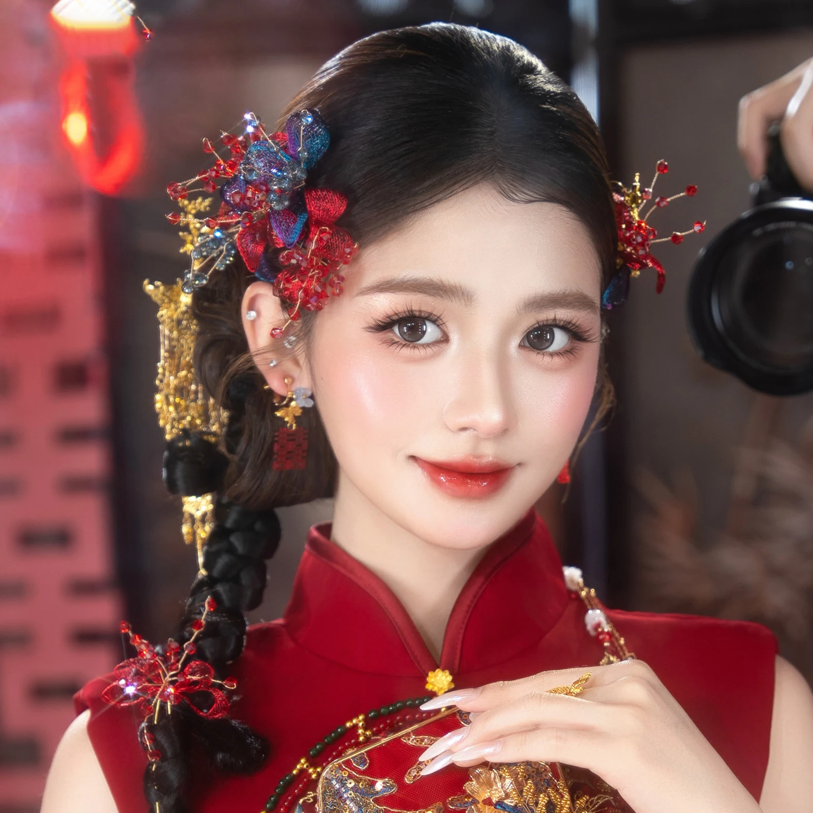 Handmade Red Floral Hairpins Set for Brides Traditional Chinese Hanfu Accessory Xiuhe Ancient Costume Headwear