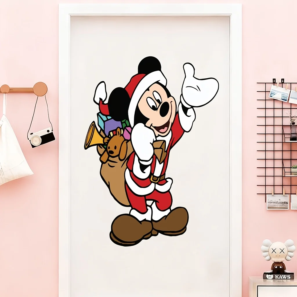 1 ملصق نافذة عيد الميلاد من ديزني، سانتا كلوز ميكي مع تصميم حقيبة هدايا - مناسب للزجاج والجدران والثلاجة والمرايا وديكور الغرفة