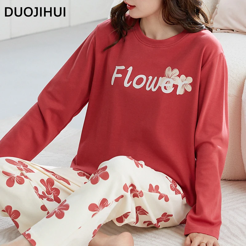 DUOJIHUI Contrast Color Autumn Loose New Pajamas for Women Chicly Floral Printing Simple Casual Fashion Soft Female Pajamas Set