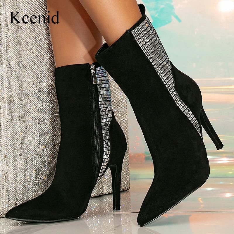 

Kcenid Spring Autumn 2024 Fashoin Side Crystal Ankle Boots For Women Winter Thin High Heel Zipper Pointed Toe Boots Shoes Woman