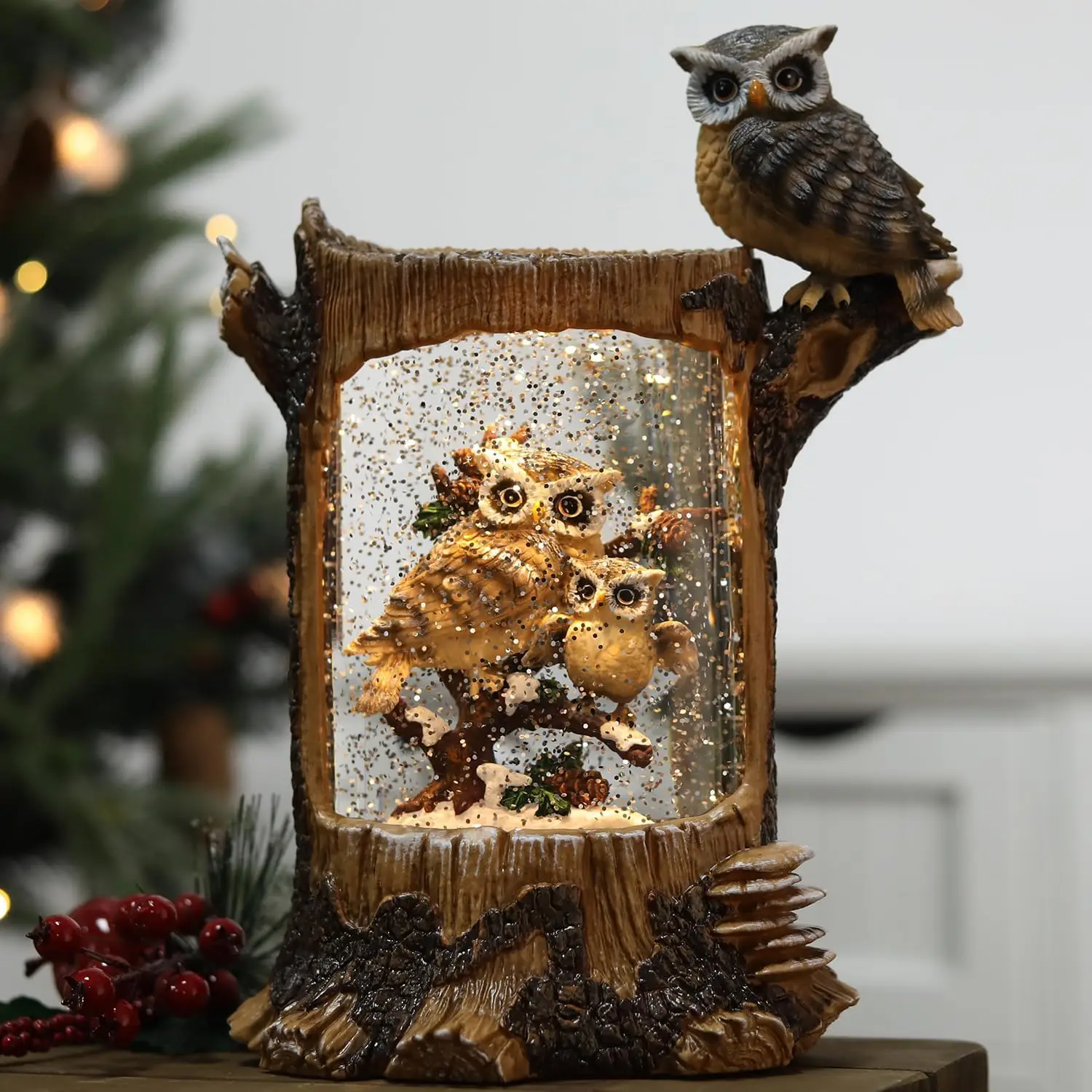 

Christmas Owl Family Snow Globe with Timer, Musical Glittering Lantern, Large Collectible Figurines Holiday Decor