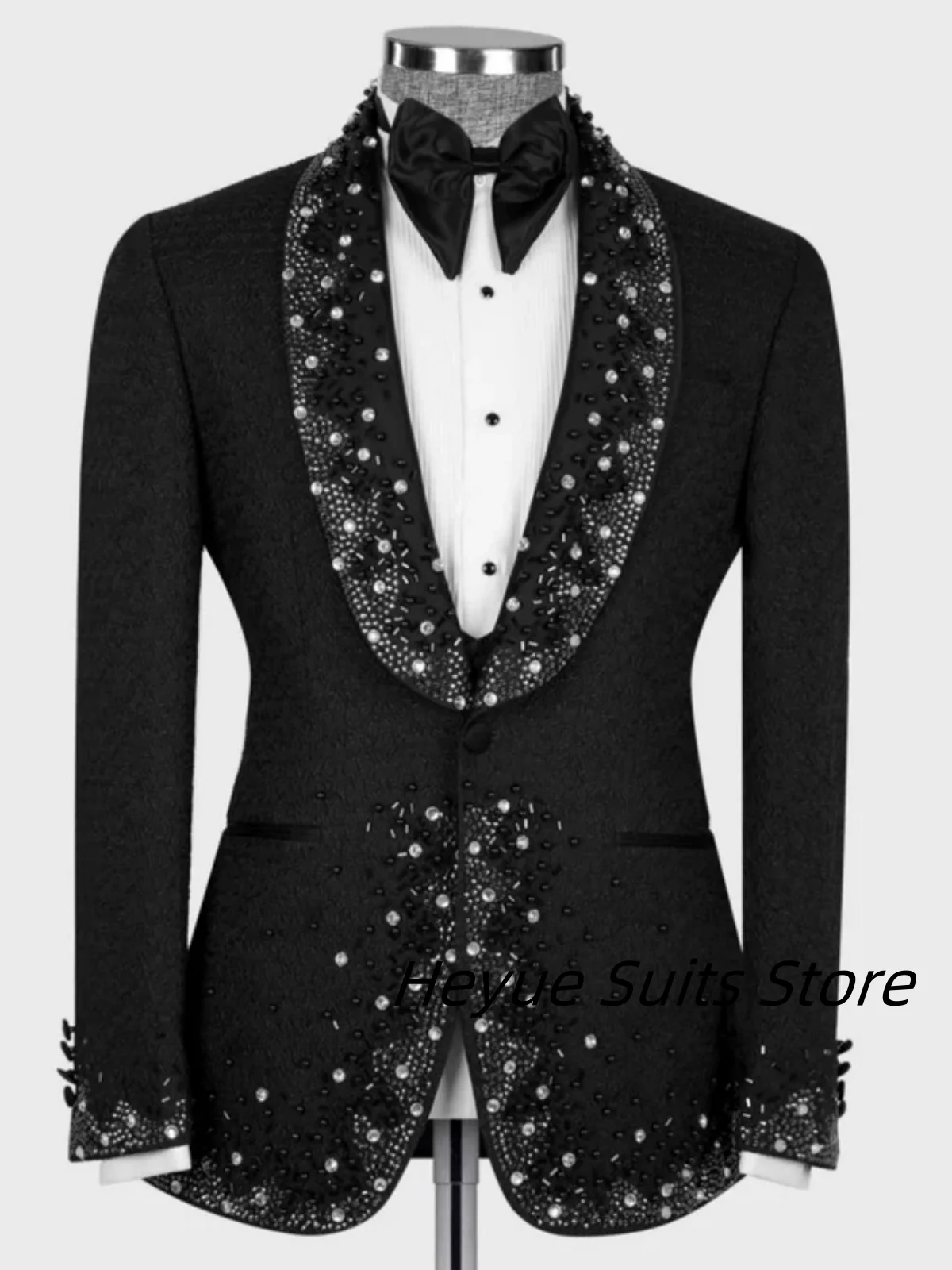 Elegant Printing Beads Men Suits Slim Shawl Lapel Groom Wedding Tuxedos Bespoke 3 Pieces Sets Male Blazers Party ropa hombre ﻿