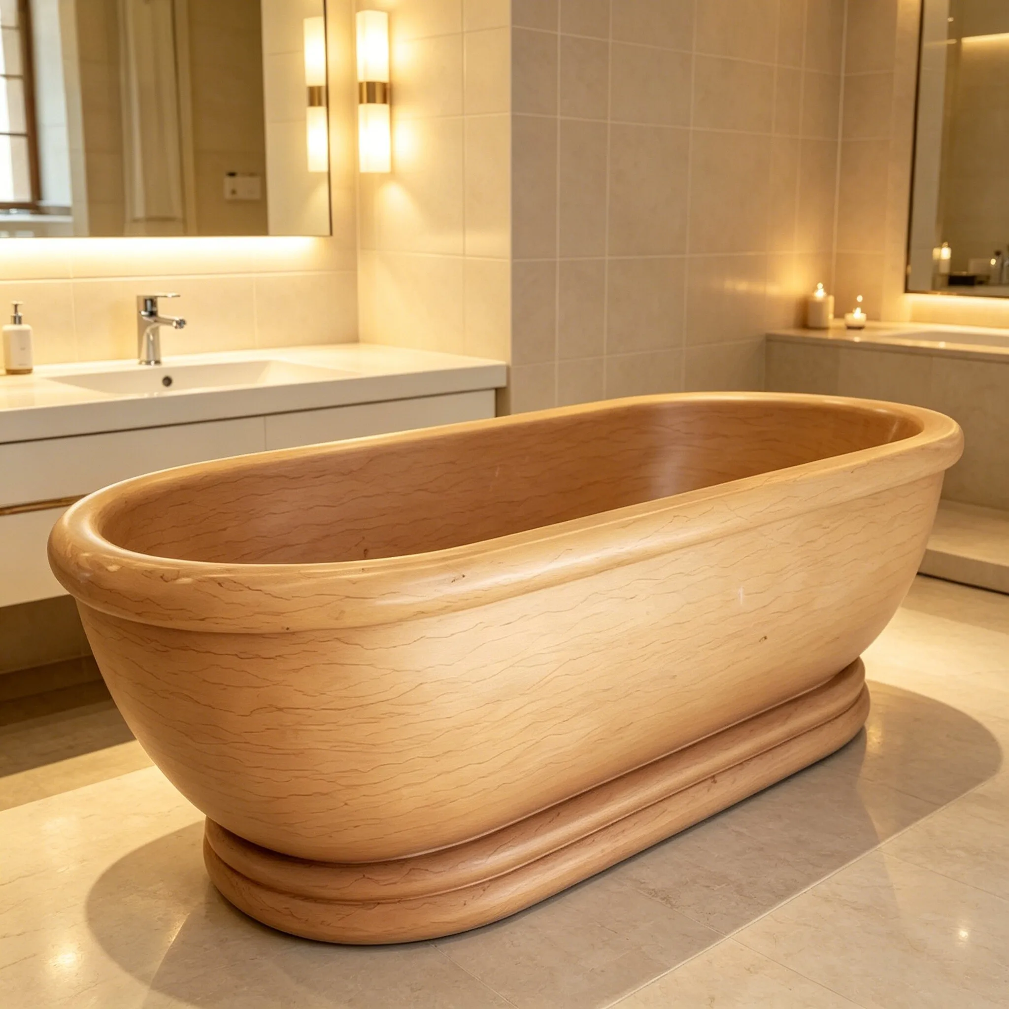 Luxury Stone Baths,Modern Natural Brown Marble Oval  standing Soaking Bathtub For Luxury Hotels And Villas Indoor Eco-Friendl