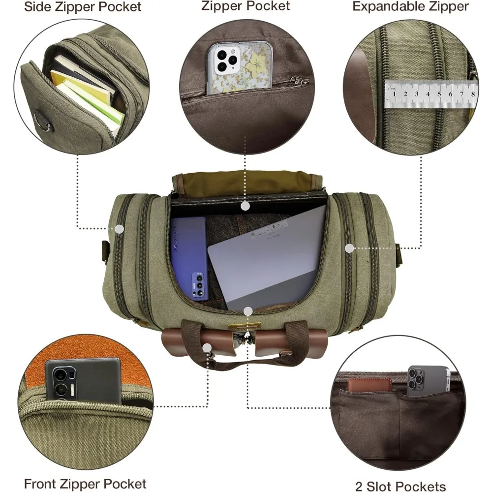 حقيبة سفر جلدية قابلة للتوسيع من القماش الخشن - سعة 60 لترًا، عطلة نهاية أسبوع مطورة للرحلات الليلية، حقيبة حمل مثالية للتجميع