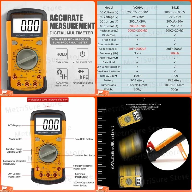 Digital Multimeter Capacitance Meter Auto Range LCR Tester for Electrician with Backlit LCD Display Voltage