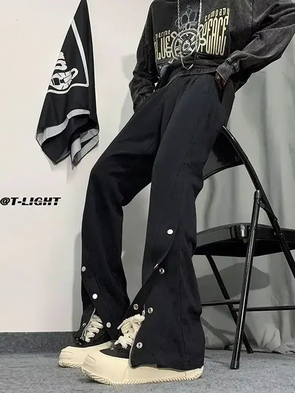 

Мужские джинсы в стиле американской уличной моды, повседневные, с разрезами на молнии, свободного кроя, прямые, в пол, со средней посадкой, из хлопкового денима