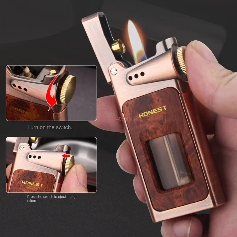 Original HONEST Kerosene Lighter One-click Ejection Ignition Large Capacity Oil Tank Retro Wood Grain Lighter Men\'s Gift