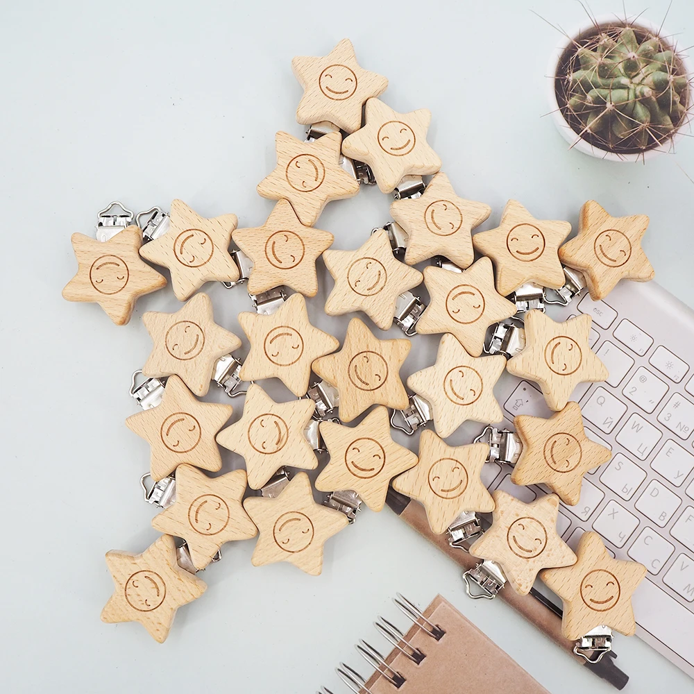 Chenkai 50PCS Star Wooden Clip Food Grade Beech Wood Dummy Clip for Baby Teething Pacifier Chain Holder DIY Gift Accesories