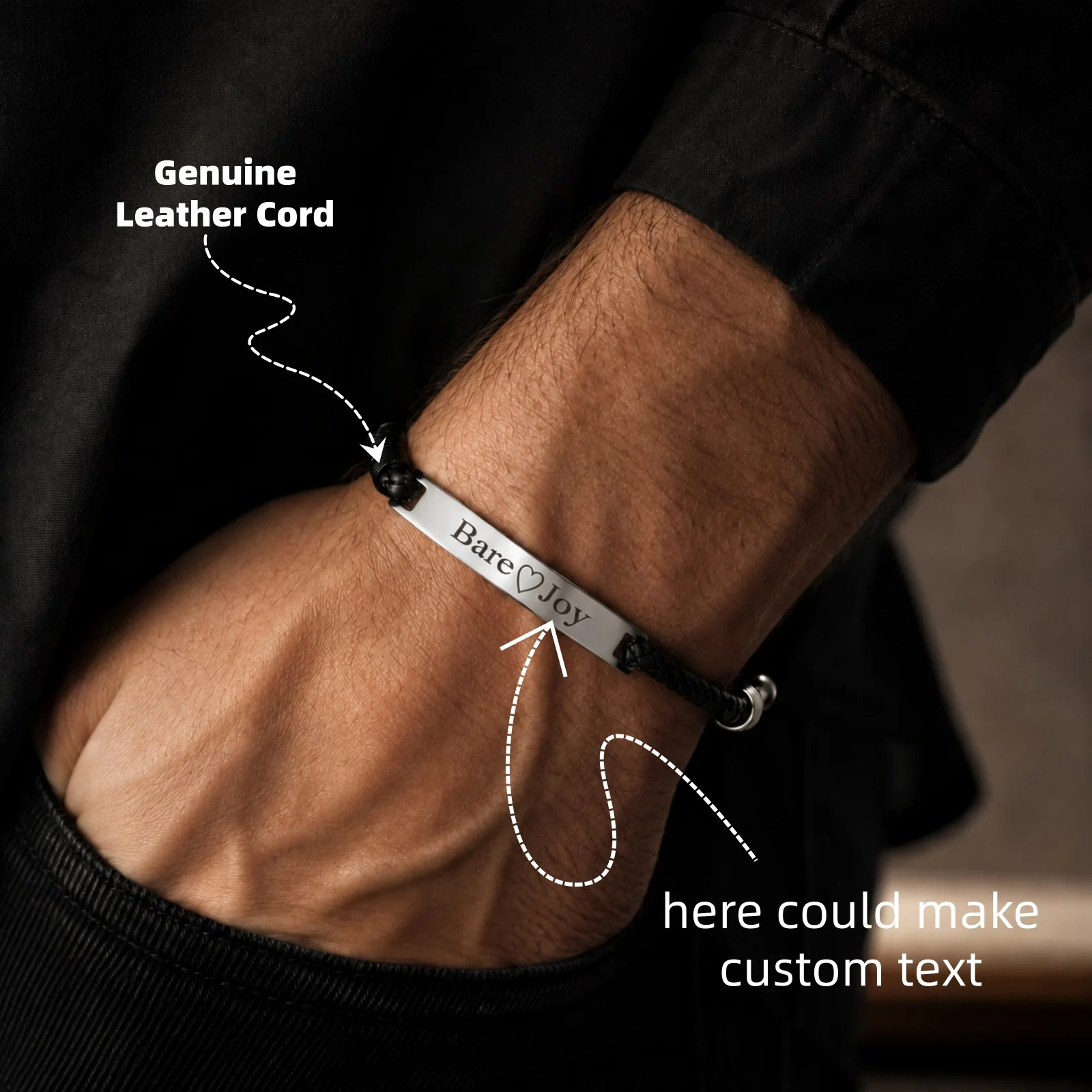 Chamica Custom Engraved Nameplate Men Bracelet Stainless Steel Braided 3mm Cord Leather Bracelet Adjustable Length Gift For Him