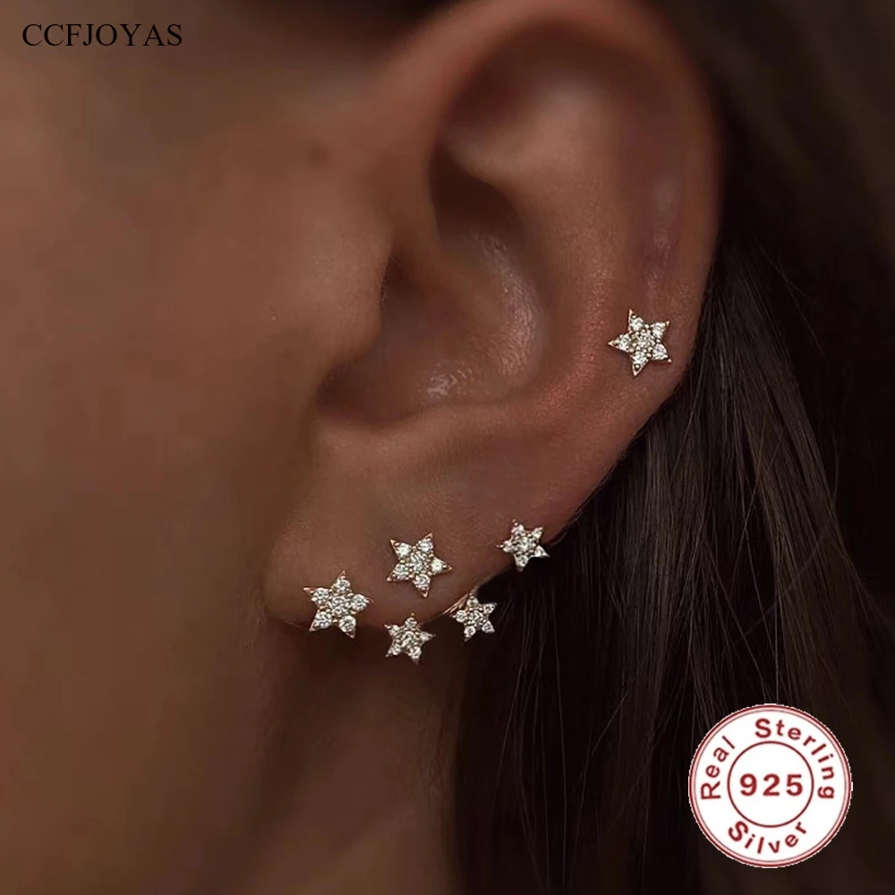 CCFJOYAS Real 925 Sterling Silver White Zircon Star Stud Earrings for Women Simple Exquisite Five-pointed Star Piercing Earrings