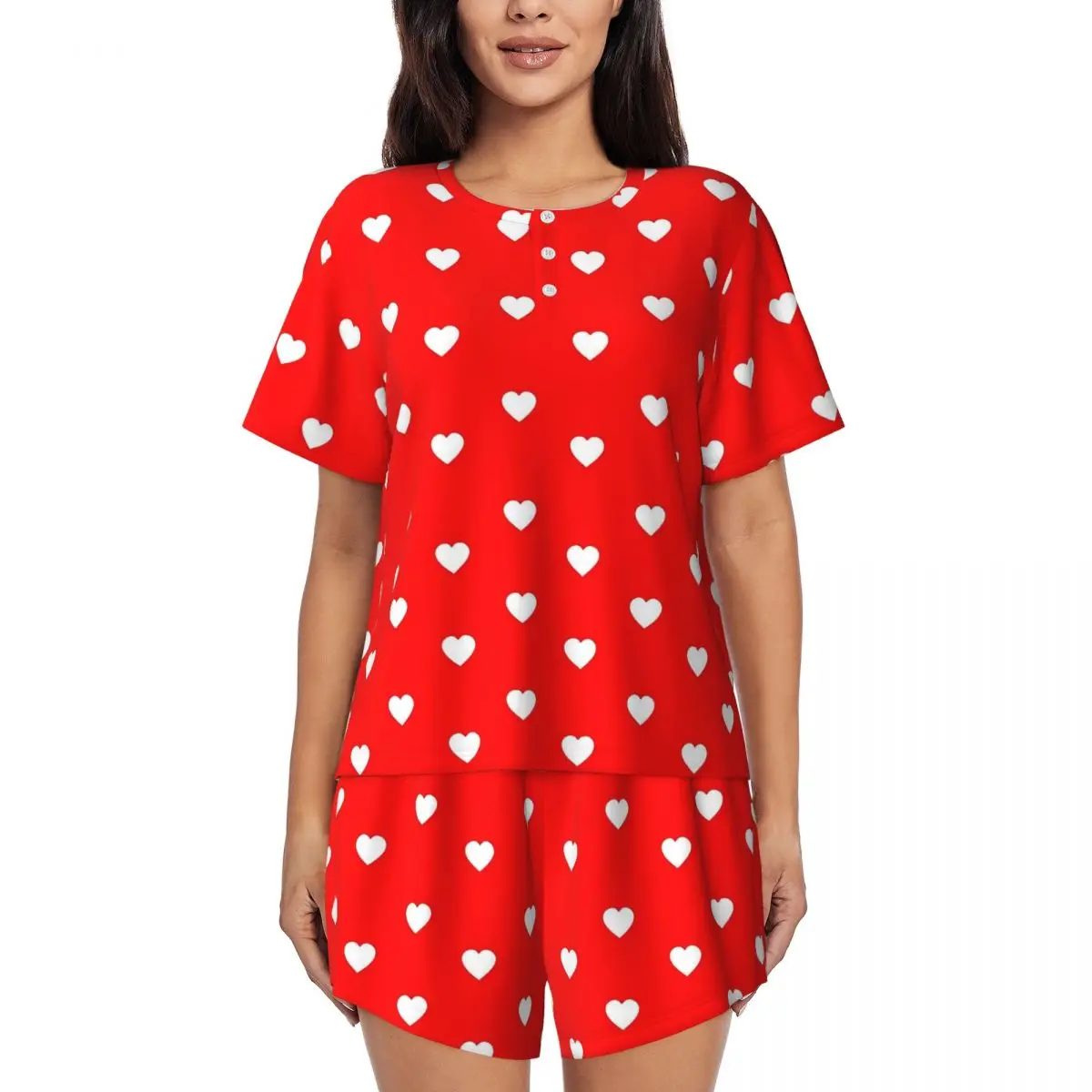 

White Hearts For Valentines Day Pajamas Daily Two Piece Fashion Pajama Sets Woman Short Sleeves O Neck Night Custom Sleepwear