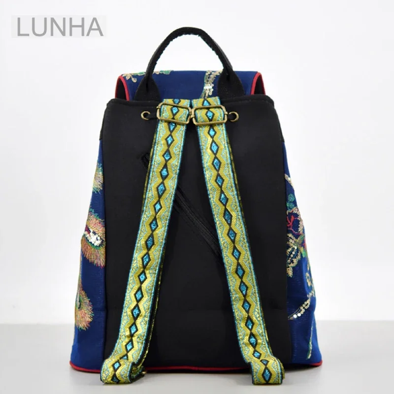 Woman Embroidered Canvas Backpack Vintage Sequin Daypack Lightweight Travel Rucksack Draw-string Bag for School and Vacation