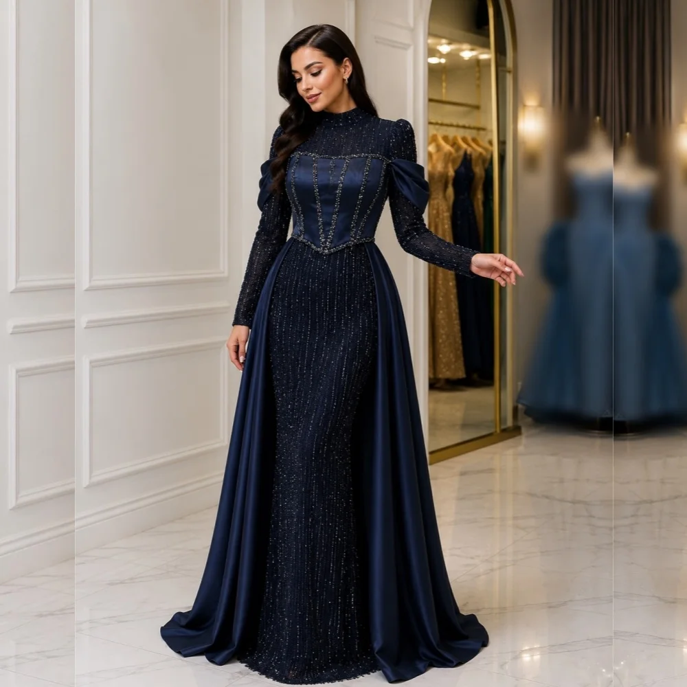 Maßgeschneidertes Elegantes Luxus-Abendkleid für Hochzeitsbankette, Hochkragen, Glitzer, Trompeten-Schnitt, Lange Kleider, Partykleider, Formelle Kleider