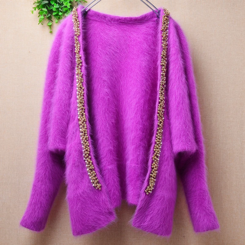 

Ladies Women Fashion Beaded Hairy Spring Autumn Mink Cashmere Knitted Long Batwing Sleeves Loose Cardigan Mantle Jacket Sweater