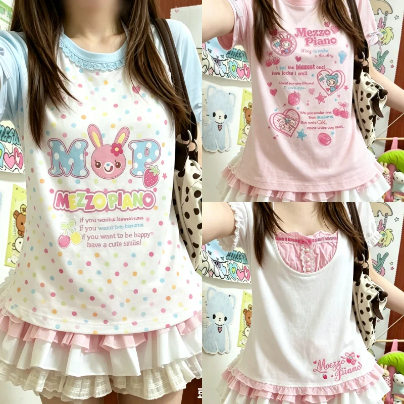 Sweet Kawaii Lace Short Sleeve Top Women Japanese Harajuku Bow Blouse Summer Soft Girl Y2K Cute Daily Outfit