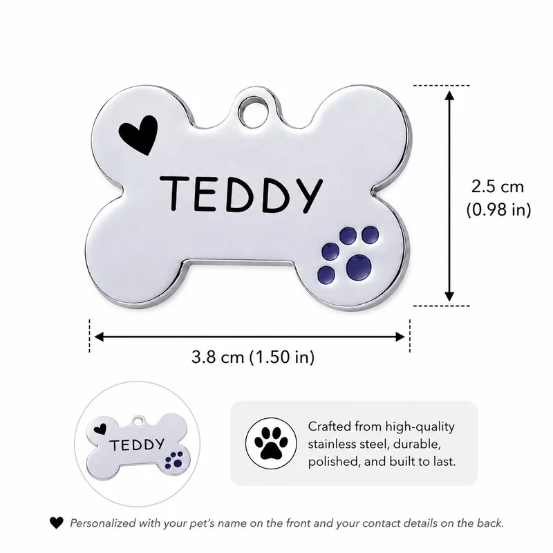 Custom Pet Name Tag, Double‑Sided Engraved Dog Tag & Cat Tag, Bone‑Shaped Pet ID Hanging Tag with Heart Vector Graphic Design