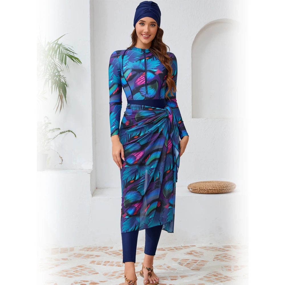5pcs Chic Modest Swimwear Burkini Femmes Elegance All Coverage Swimwear for Women Light Blue long sleeved Burkini with Pant