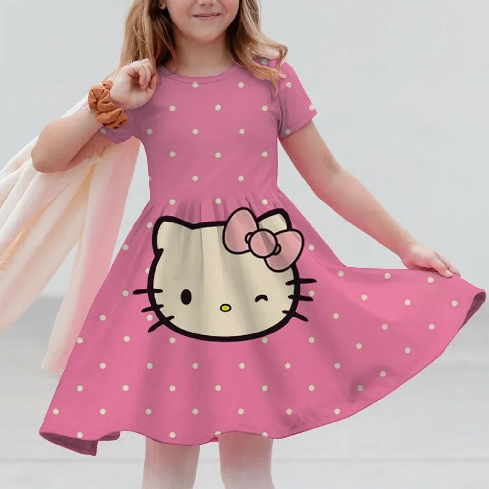 

MINISO 2025 New Girls Summer Dress Fashion Cartoon Cute Hello Kitty 3DPrint Dresses Girl Short Sleeve Princess Vacation Clothing