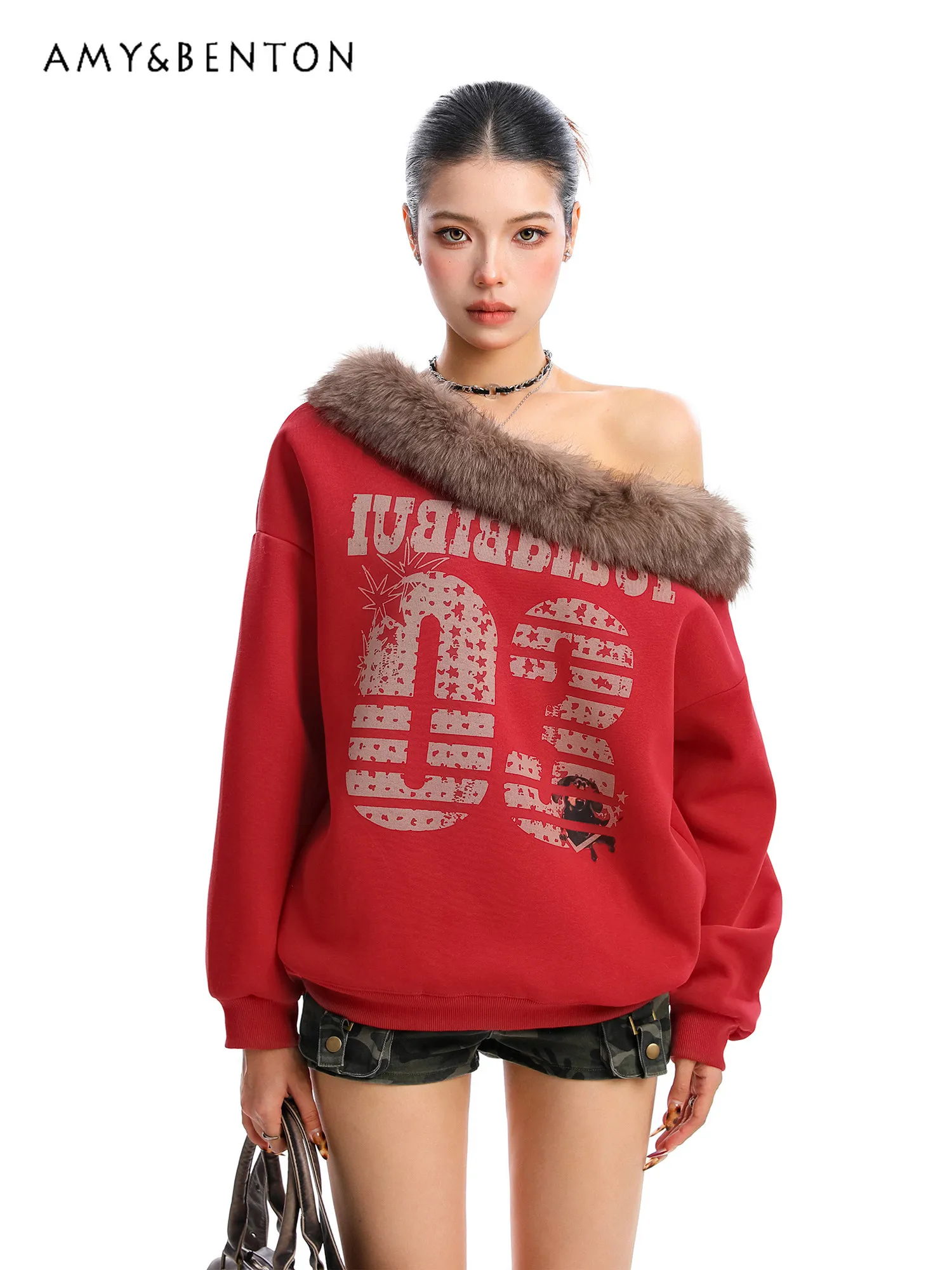 

Весенне-осенний новый свитшот в американском стиле с отстегивающимся меховым воротником, красный, с открытыми плечами, свободный, повседневный, универсальный, цвет кофе, для стильных девушек