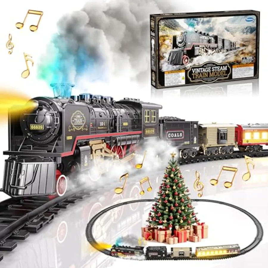 

Electric Train Toy with Smoke Lights and Sound for Under Christmas Tree Locomotive Train Model with Track Plastic Red and Gray
