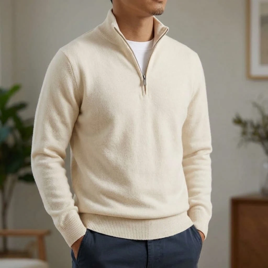 Neuer Herren-Strickpullover mit Reißverschluss, lässiger Stehkragen-Pullover, warmer Langarm-Pullover, einfarbiger Pullover, modischer Winterpullover für Herren – Detail 3