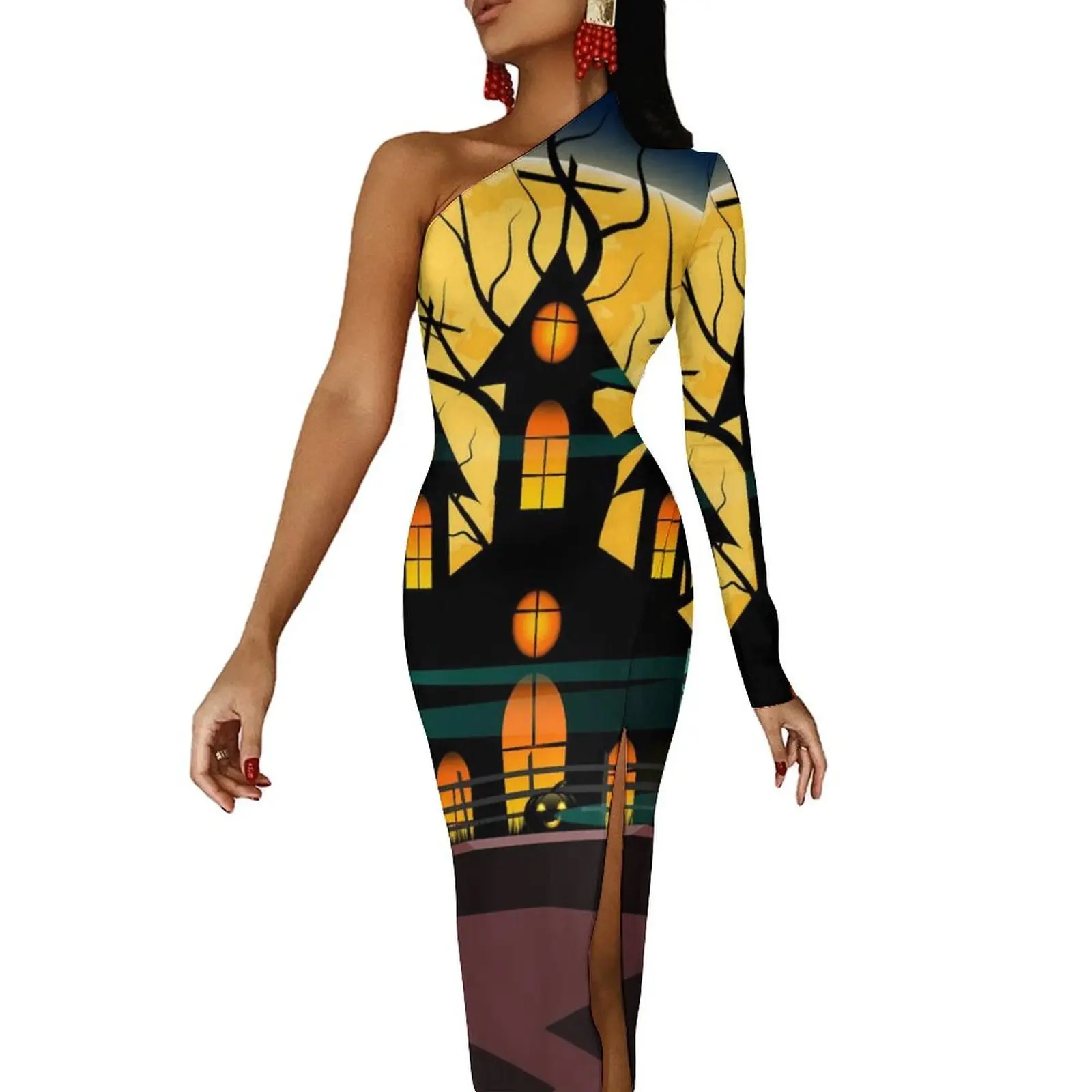 Halloween Night Haunted Mansion Bodycon Dress Women Pumpkin Haunted House Kawaii Maxi Dress One Shoulder Party Dresses Gift Idea