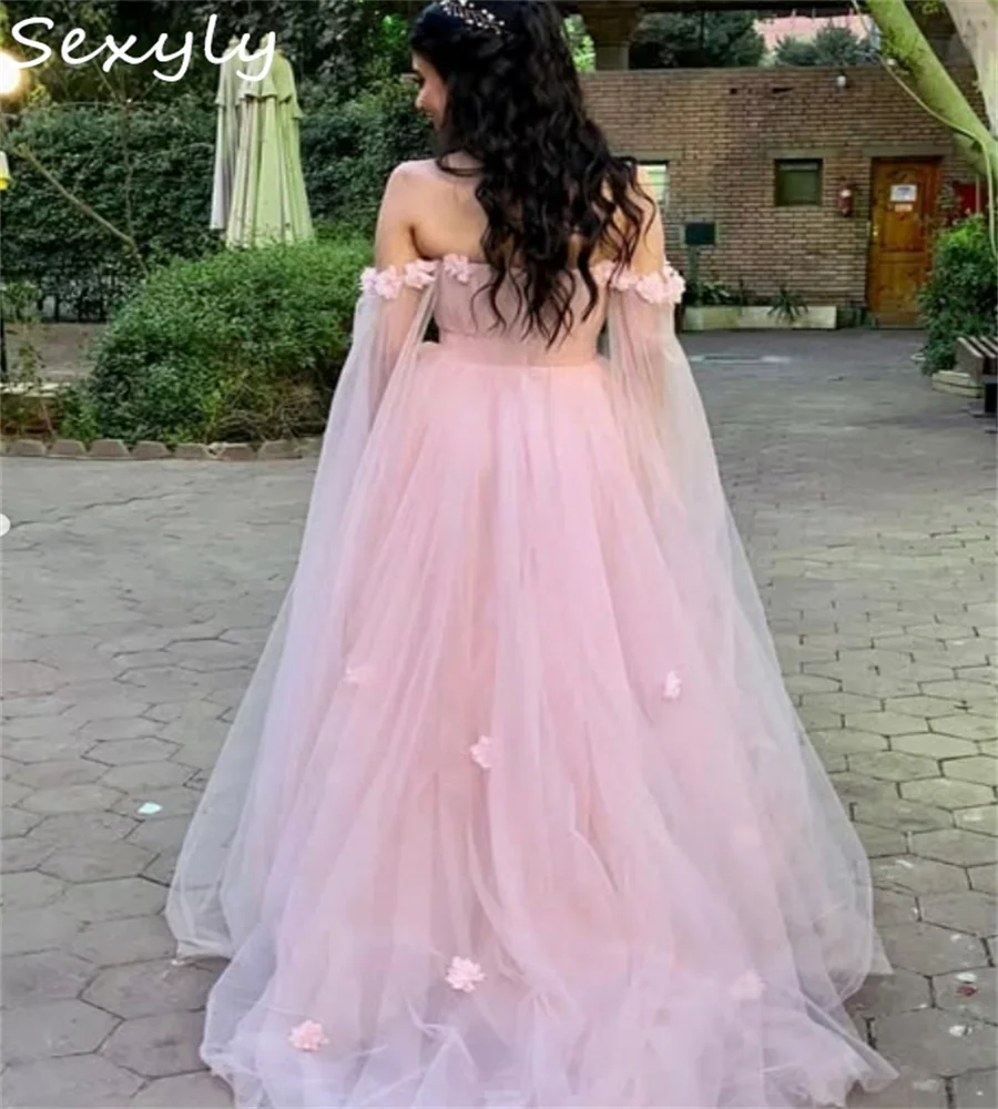 Fairy Pink Evening Dress With Florals Off Shoulders Glamour A Line Tulle Prom Dress Elegant Engagement Formal Party Customized