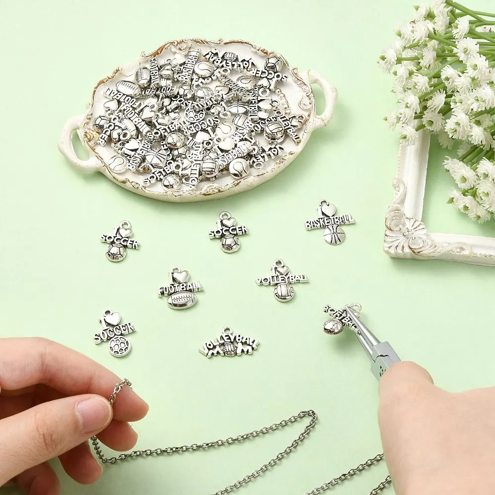80pcs Mixed Sport Charm Soccer Basketball Volleyball Softball Football Pendant Silver for DIY Bracelet Necklace Jewelry Making
