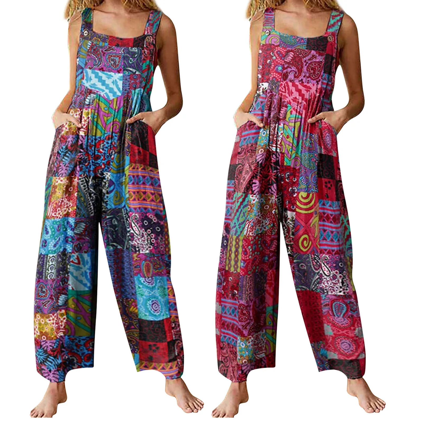 Salopette d'été captivante pour femmes, combinaison décontractée en fibre à col carré de style ethnique multicolore avec poches pour filles
