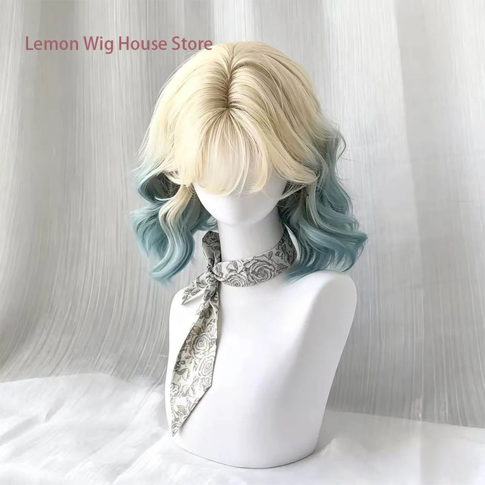 Short Wavy Platinum Gradient Blue Wig Synthetic Lolita Wigs for Women Daily Cosplay Wig Halloween Costume Anime Wig 가발
