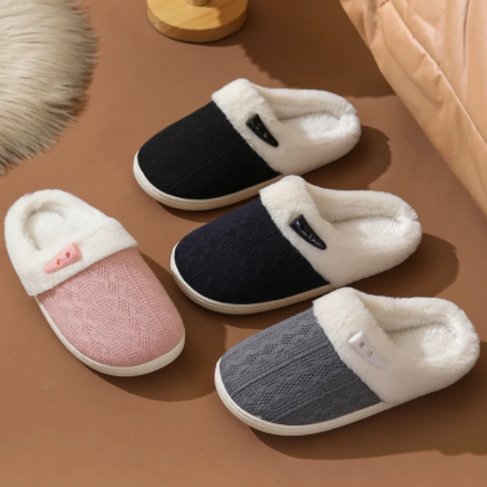 

Winter Couple Cotton Slippers Bull Horn Buckle Decoration Warm Comfortable Non-Slip Indoor Outdoor House Slippers for Girl Boy