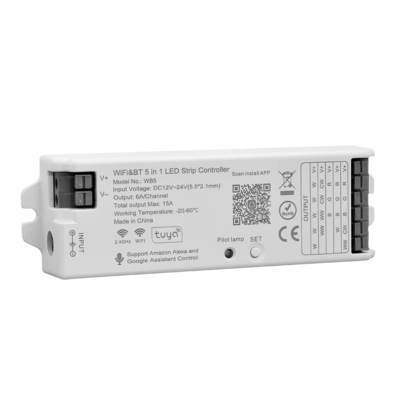 WB5 WiFi BT 5 IN 1 LED Controller 2.4G RF RGB+CCT Remote Controller For Full Color / RGBW / RGB / Dual White LED Strip
