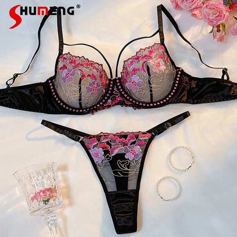 

Transparent Embroidered Bra Set with Underwire Pure Desire Style Sexy Lingerie for Women Push Up Ultra Thin Cup Intimates Ladies