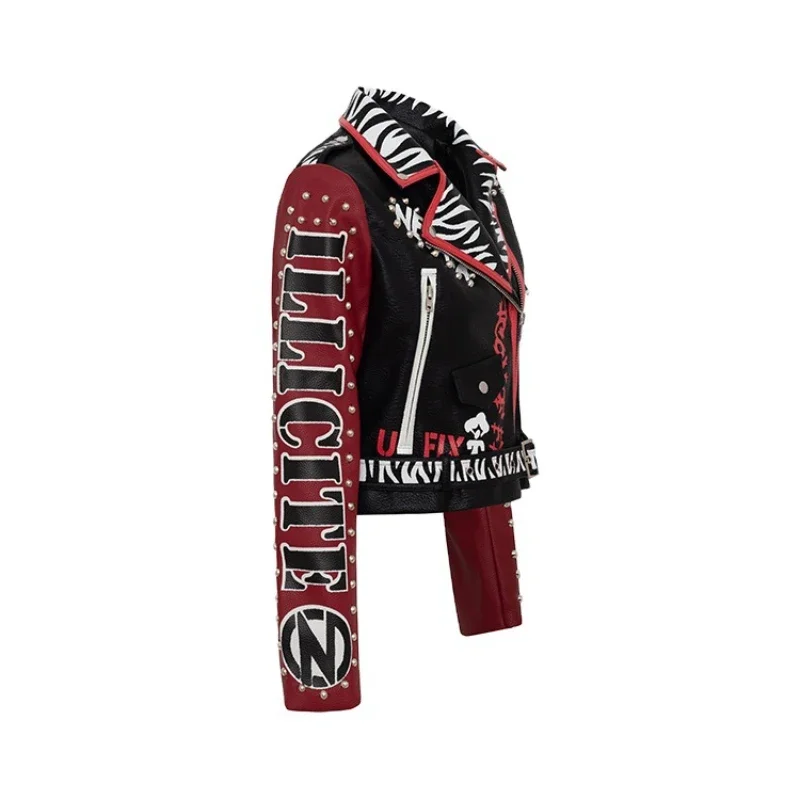 Graffiti Print Motorcycle Leather Jacket Women 2024 Trend Punk Rivets Streetwear Black Red Stitched Faux Leather Cropped Jacket