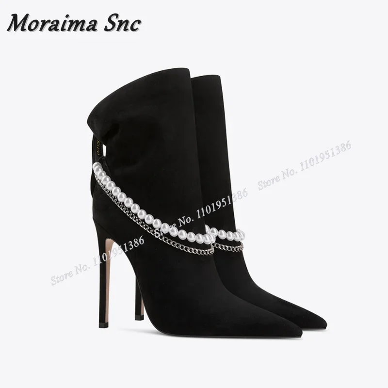 Moraima Snc Slip on Stivaletti con decorazioni di perle Khaki Decorazione a catena Scarpe a punta pieghettate per donna Tacchi alti Zapatillas Mujer