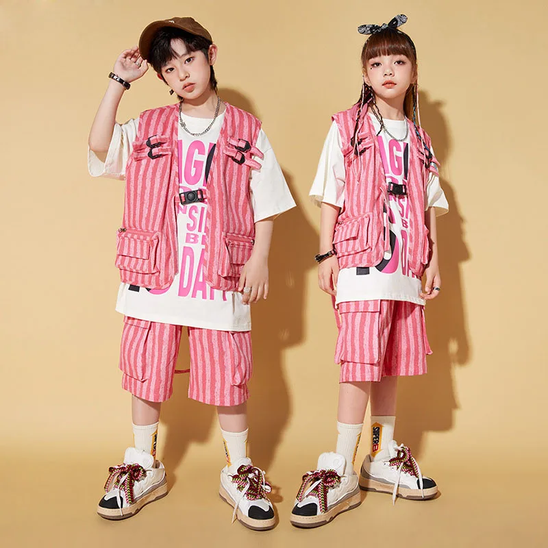 

Kid Hip Hop Clothing Pink Striped Sleeveless Jacket Cargo Vest Top Casual Pocket Shorts for Girl Boy Jazz Dance Costume Clothes