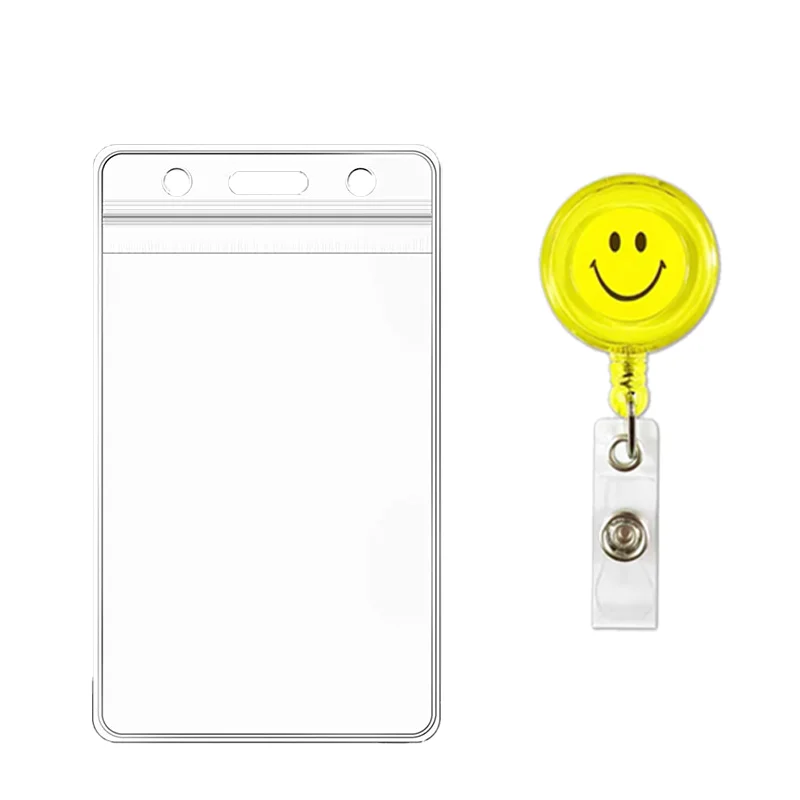 

Transparent Waterproof Credentials Holder with Retractable Clip Badge ID Card Holder Smile Reel Seal Strip Office Meet Name Pass