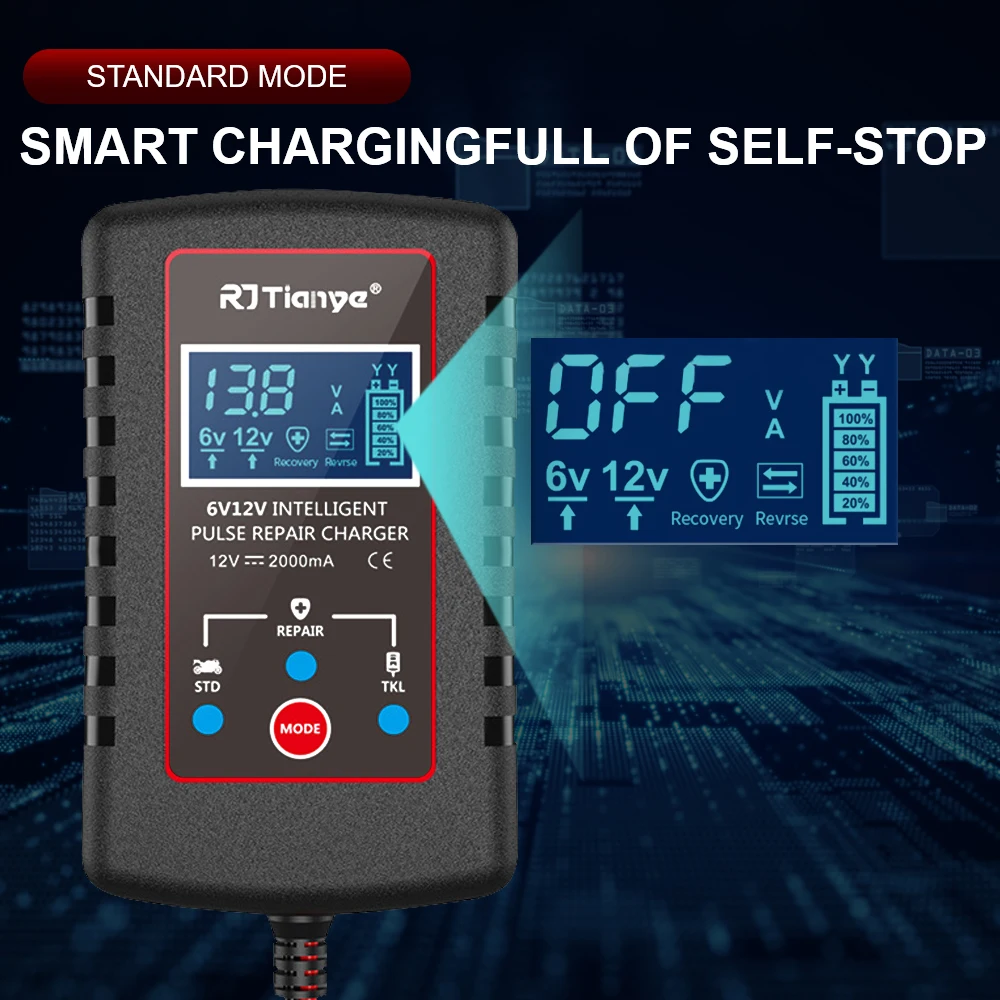 شاحن بطارية ذكي لجزازة العشب للدراجات النارية ، حماية متعددة ، شاحن تعويم تلقائي للسيارة ، كابل محول حافظة ، مفتاح 6 فولت ، 12 فولت #6