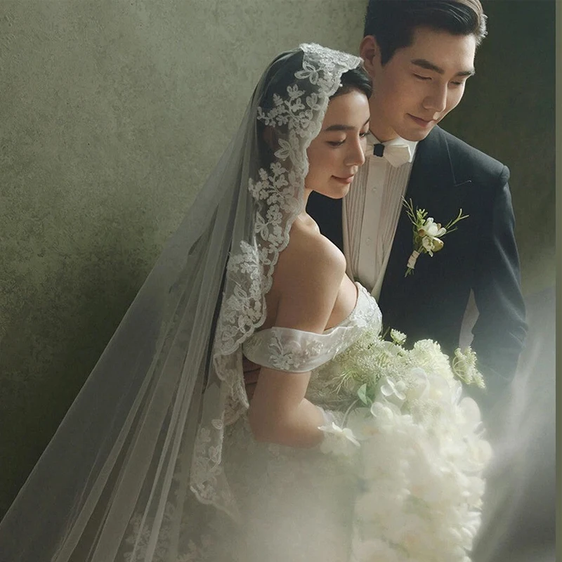 

Длинная соборная фата с кружевной отделкой и шлейфом, фата для свадебного головного убора по индивидуальному заказу