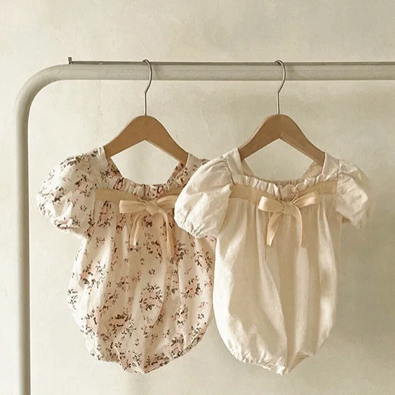 Summer style girls' small floral jumpsuit with bow and triangle climbing suit
