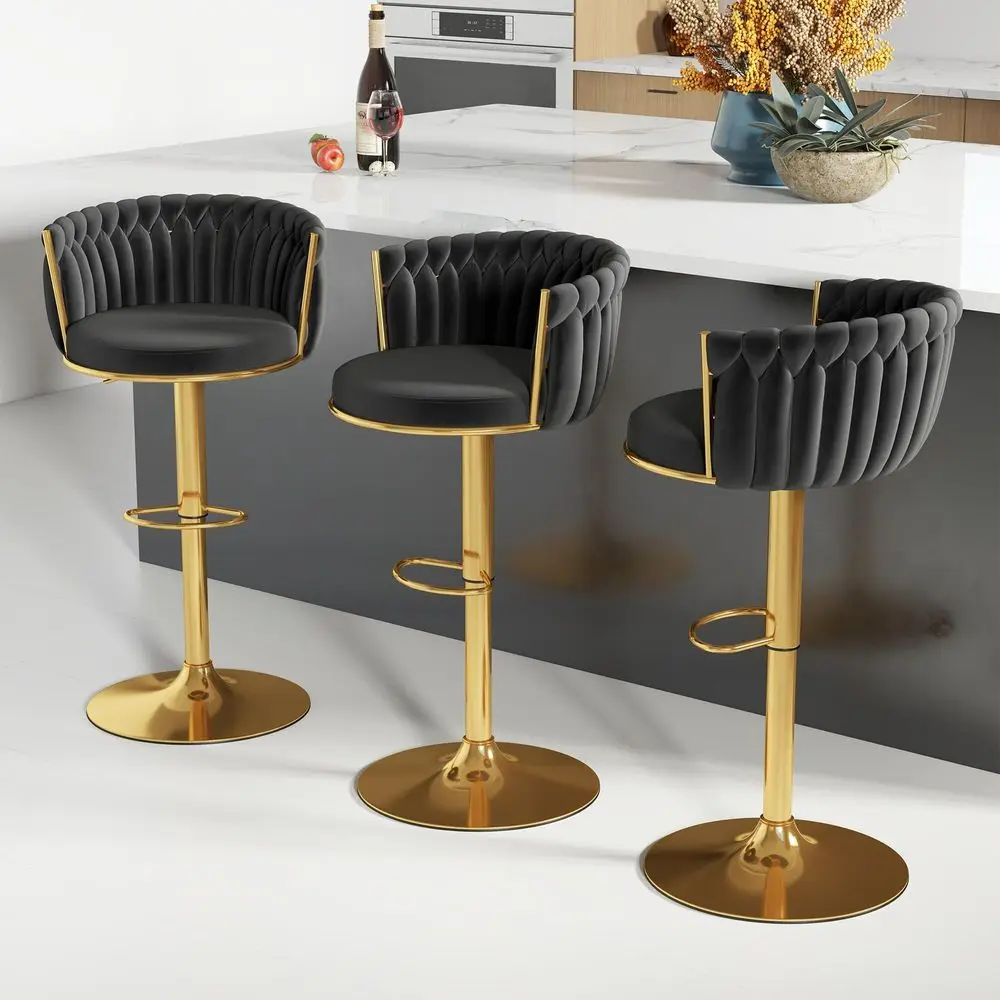 

Gold Bar Stool Set of 3, Velvet Swivel Barstools, Height Adjustable Counter Stools with Woven Backrest, holstered Modern Luxu