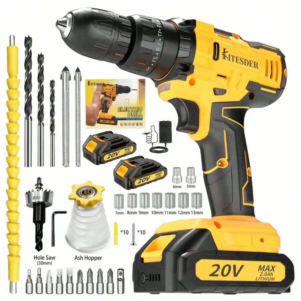 

20V Lithium-Ion Rechargeable Drill Driver Set, Handheld Electric Screwdriver With LED Light & Variable Speed Control For Home &