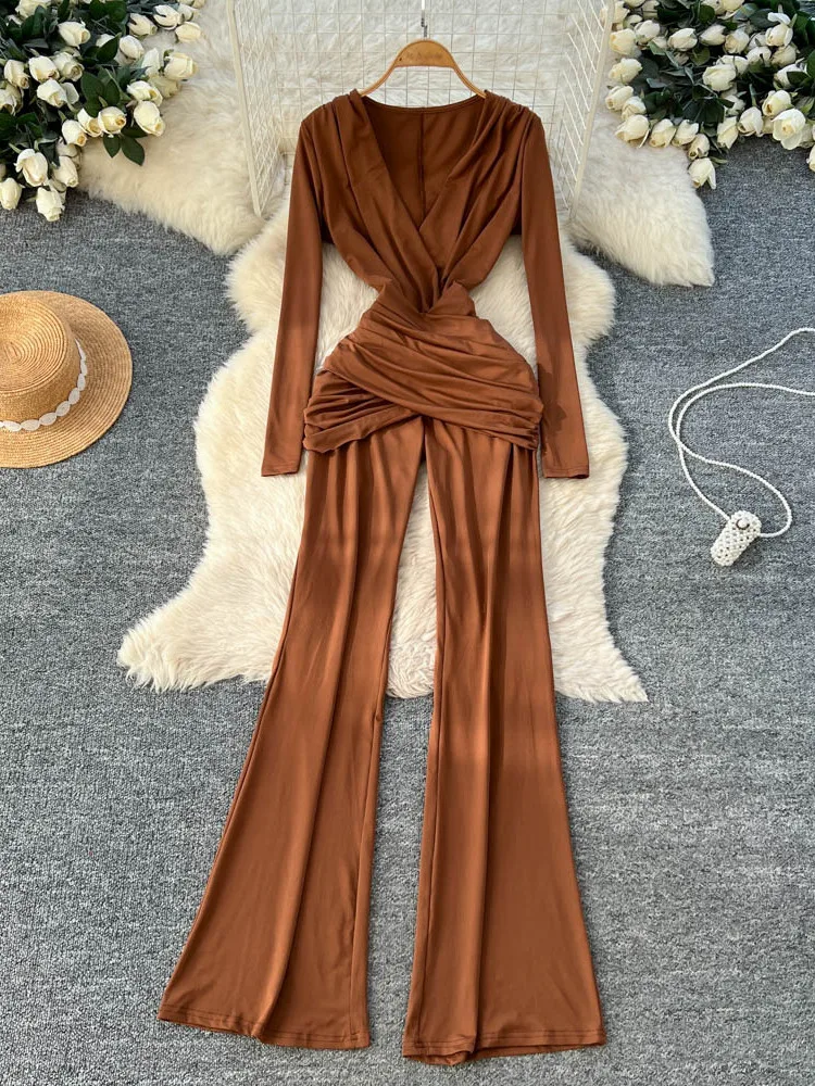 Foamlina feminino sexy decote em v profundo manga longa macacão cor sólida cintura alta criss cross ruched magro bodycon uma peça macacão