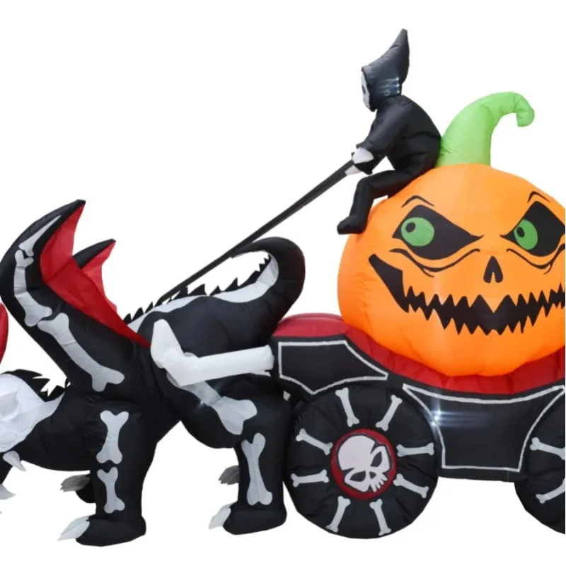 Halloween Aufblasbare Grim Reaper Kürbis-Kutsche 8,9 FT Beleuchtete Außendekoration für den Garten, LED Aufblasbare Luftgefüllte Feiertags-Rasenverzierung, Gruselige Herrenhaus-Party-Dekoration,