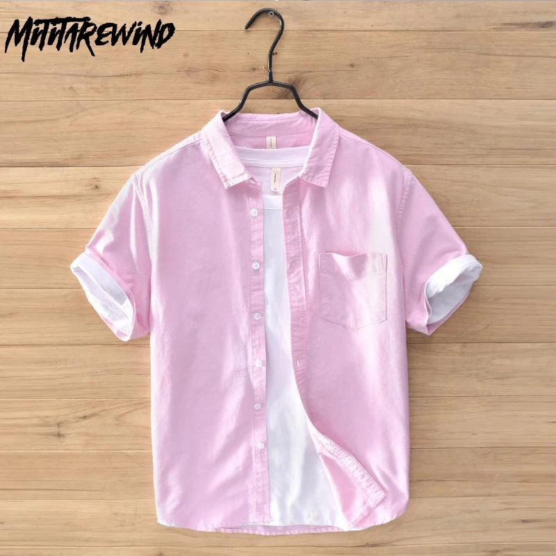 

Summer Mens Shirts Daily Casual Pink Shirt Square Pocket Short Sleeve Shirt Man 100%Cotton Button Up Shirt Simple Versatile Tops