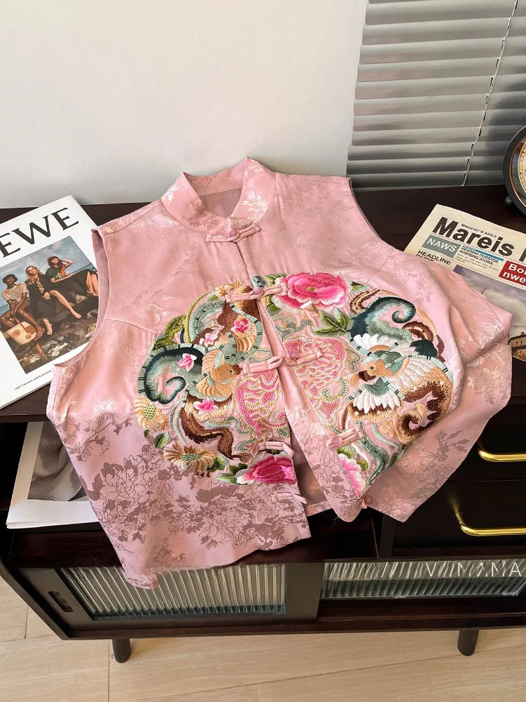 

New Chinese Sle Embroidered Vest Women Summer Loose National Sle High-End Feeling Button-Up Floral Pink Embroidery Blouse
