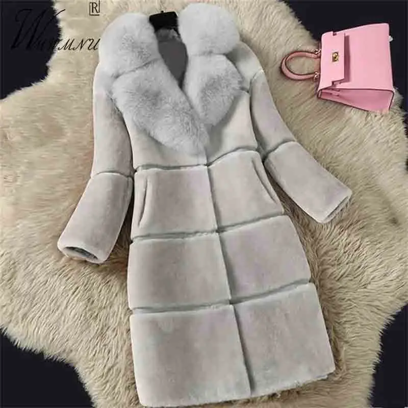 Luxury Fur Collar Faux Furs Overcoats Winter Warm Slim Plush Coat Women Mid-Length Elegant Furry Outerwear Snow Wear Chaquetas