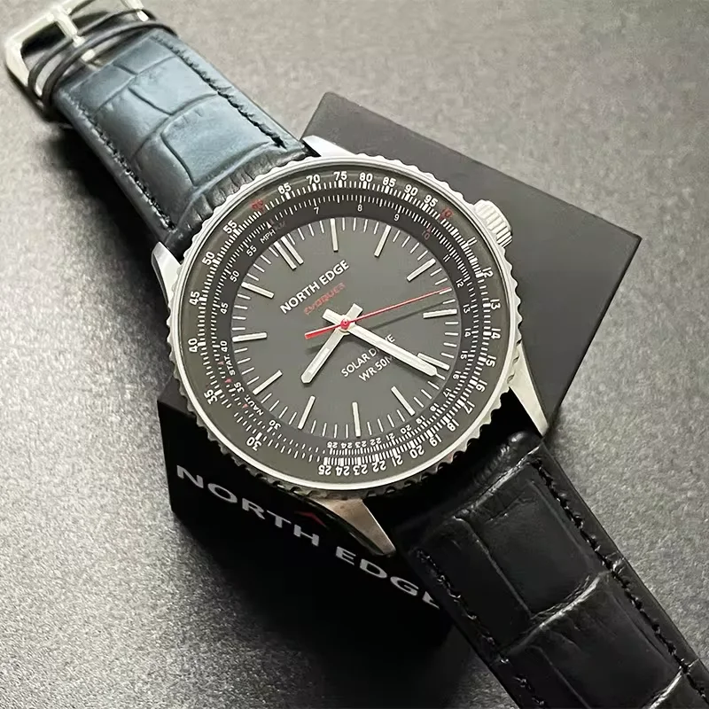 NORTH EDGE EVOQUE 3 Pilot Series Watch For Men Aviation Military Solar Powered Watch Leather Strap Luminous Stainless Steel Case