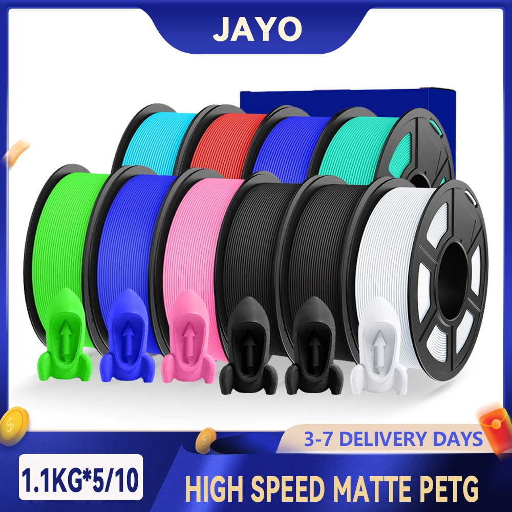 

JAYO 5/10 рулонов 3D высокоскоростной матовой нити PETG 1,75 мм 30 мм/с - 600 мм/с Диапазон печати Высокопроизводительная скоростная нить PETG для 3D-принтера