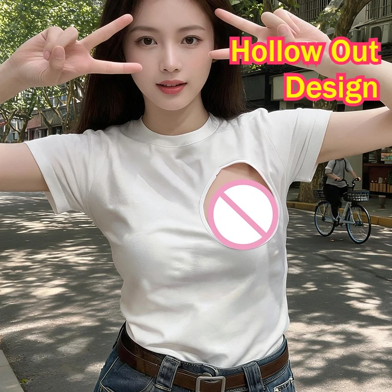 Women's Breast Open Hole T-Shirts Outdoor Exposed Hollow Out Design Play Easy Tank Tops Shirts Nightout Cloth Girl Sexy Clubwear